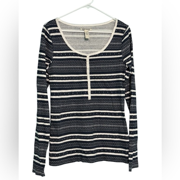 Lucky Brand Waffle Knit Henley Style Long Sleeve Shirt Striped Womens Size Large - Picture 1 of 3
